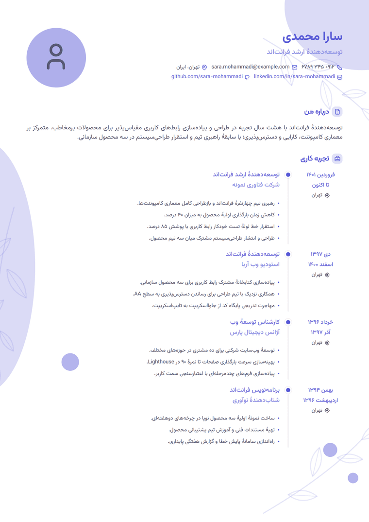 نمونه رزومهٔ فارسی ساخته‌شده با قالب تک‌ستونی حرفه‌ای در پیزی‌سی‌وی